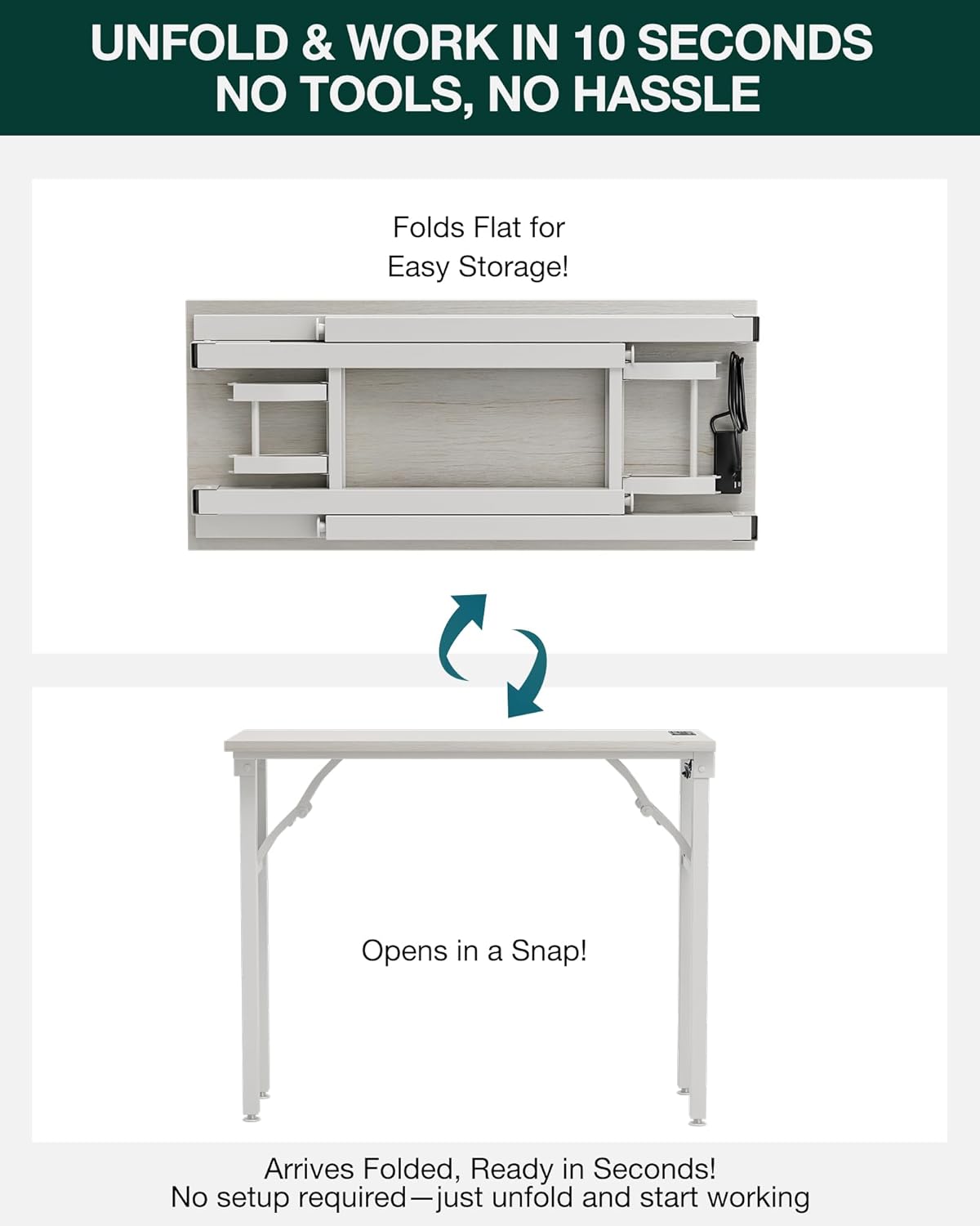 Frylr Small Folding Computer Desk – 35.8 Inch Portable Table for Craft and Study, Lightweight Desk for Small Spaces, Foldable Laptop Table Built-in AC/USB Outlets for Convenience, White Ash