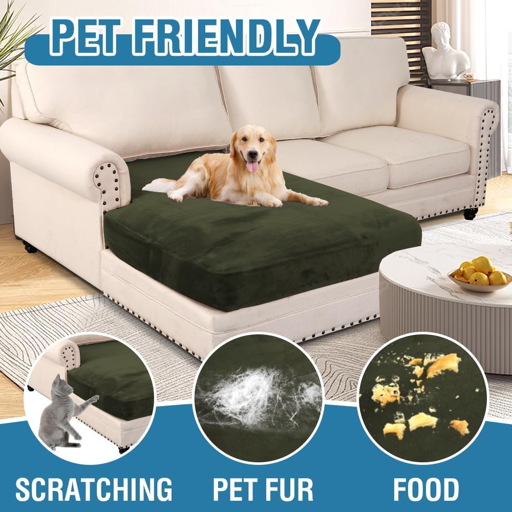 H.VERSAILTEX Velvet Stretch Individual Chaise Cover Sectional Couch Covers for L Shaped Sofa Both Left/Right Furniture Protector Seat Cushion Sofa Cover (1 Piece Chaise Cover, Olive)