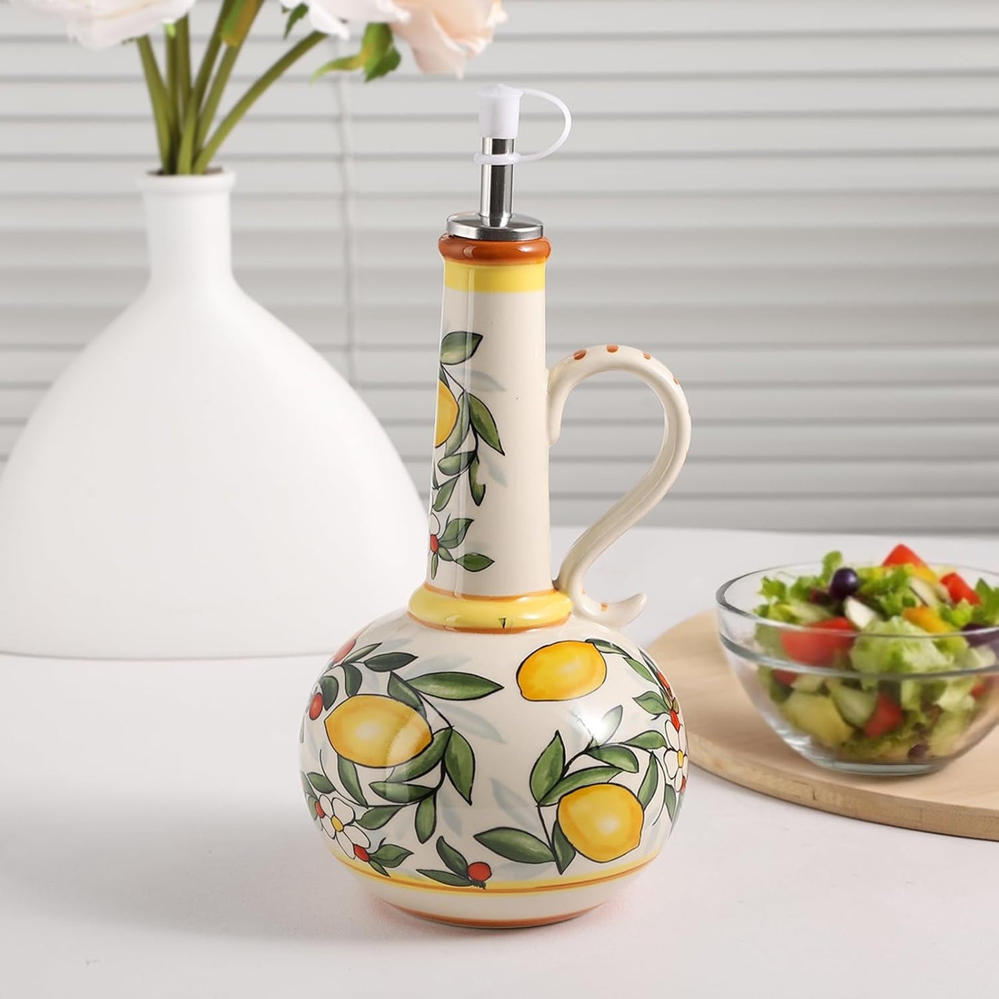 Ceramic Olive Oil Dispenser Bottle 23oz with Handles, Hand Painted Multi-Use Oil Cruet & Flower Vase, Decorative Stoneware Kitchen Cruet with Stainless Steel Spout for Oils, Sauces, Vinegar (C)