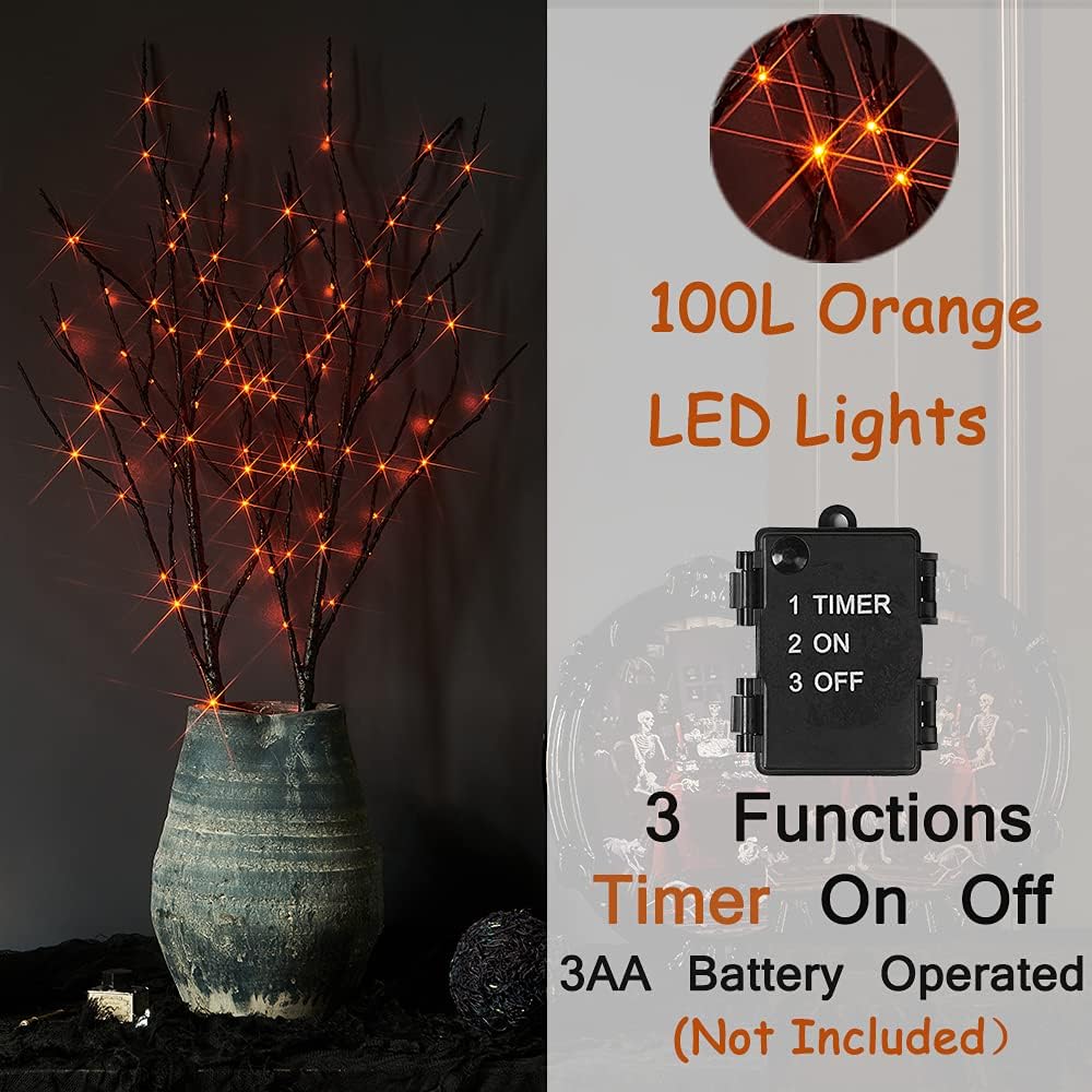LITBLOOM Halloween Tree Branch Lights 32IN 100 Orange LED with Timer, Lighted Black Twig Branches with Fairy Lights for Halloween Decoration Indoor Outdoor