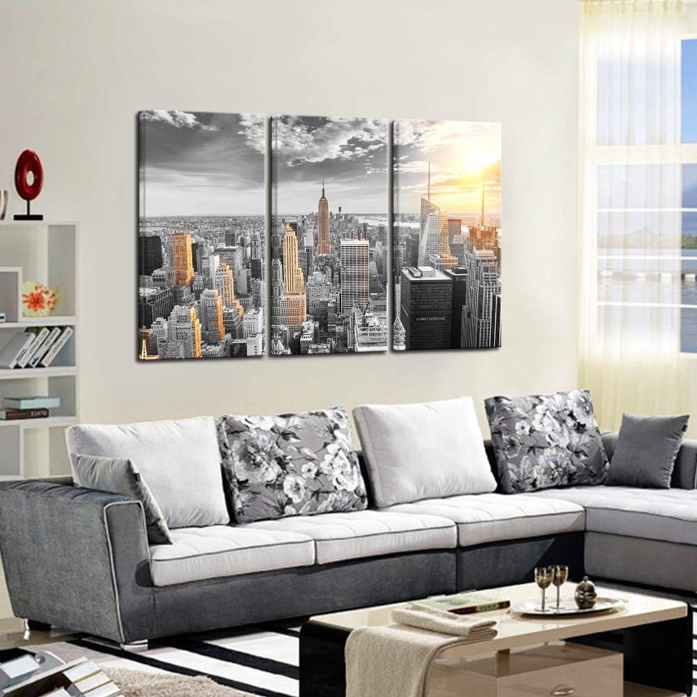 LevvArts Large 3 Piece New York City Canvas Wall Art Modern Black and White NYC at Gold Sunset Picture Prints Cityscape Skyline Poster Framed for Home Office Living Room Decor