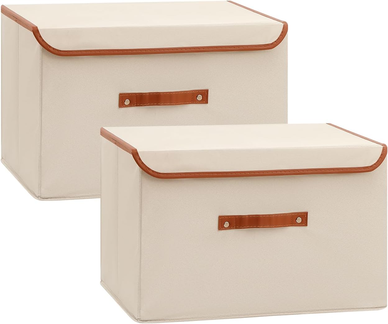 Tuza 2-Pack Large Fabric Storage Bins with Lids, Foldable Storage Boxes with Lids for Organizing, Decorative Storage Boxes with Handles for Home, Bedroom, Closet, Office(Khaki, Large)