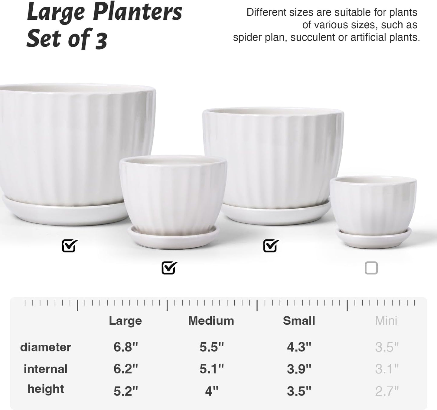 4/5/6 Inches Ceramic Plant Pots with Drainage Holes and Saucers, Round Flower Pots for Indoor Plant, Modern Flower Planters Set of 3 (White-Big Size)