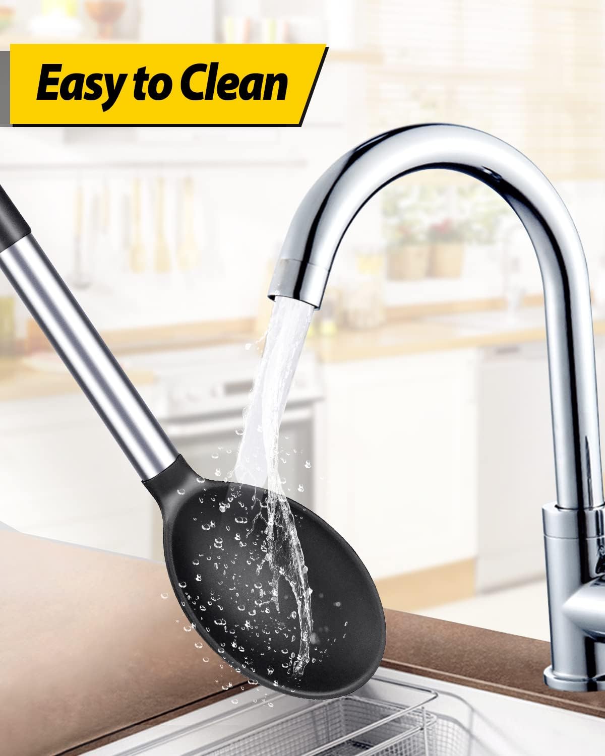 Pack of 2 Large Silicone Cooking Spoons,Non Stick Solid Basting Spoon,Heat-Resistant Kitchen Utensils for Mixing,Serving,Draining,Stirring (BLACK)