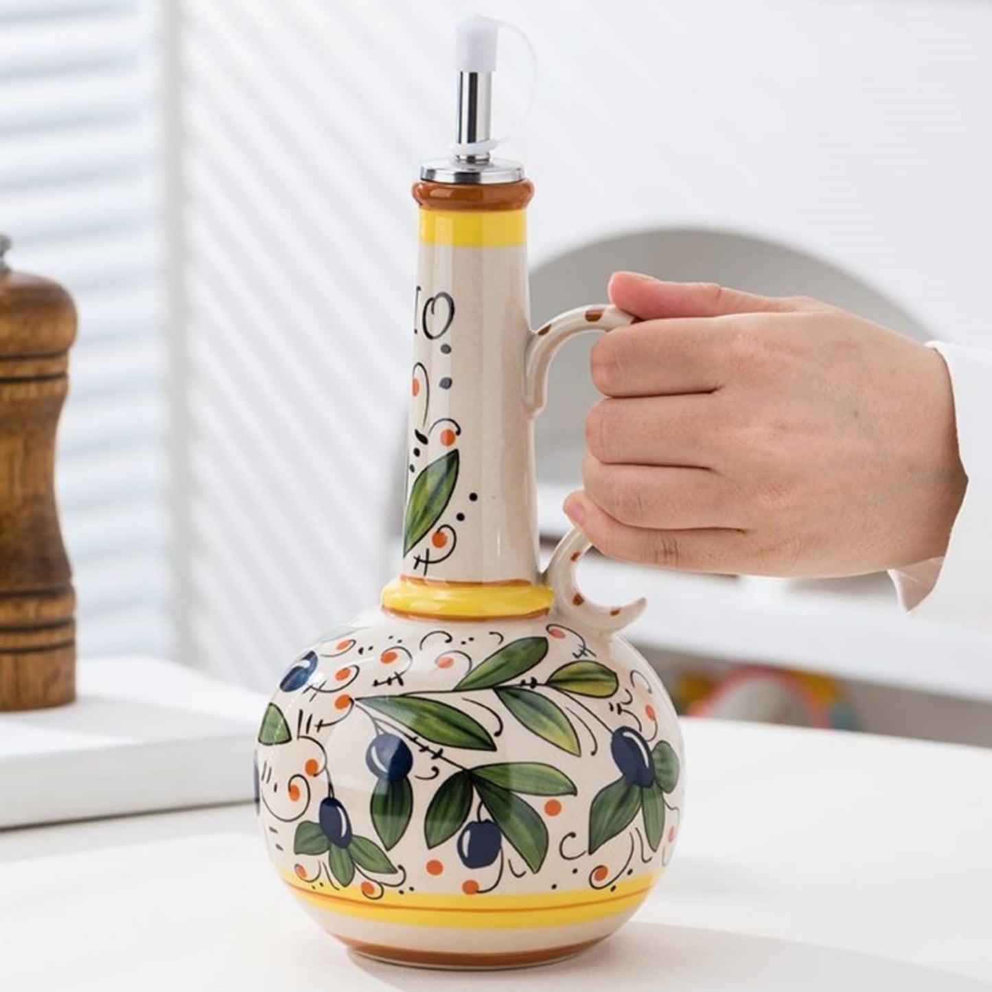 Italian Ceramic Olive Oil Dispenser Bottle 23oz, Hand Painted Olive Oil Bottles, Decorative Stoneware Olive Oil Cruet for Kitchen with Stainless Steel Spout for Oils, Sauces, Vinegar