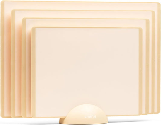 SMIRLY Plastic Cutting Board Set with Holder 4 Pieces, Non-Slip Dishwasher Safe Chopping Boards for Kitchen, Cream White