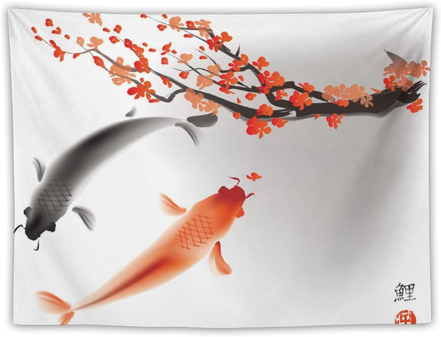 Houselerax Japanese Koi Fish Tapestry, Cherry Blossoms Asian Oriental Flower Branch Koi Fish Carp Tapestries Wall Hanging for Bedroom Living Room Office Decor 80"x60"