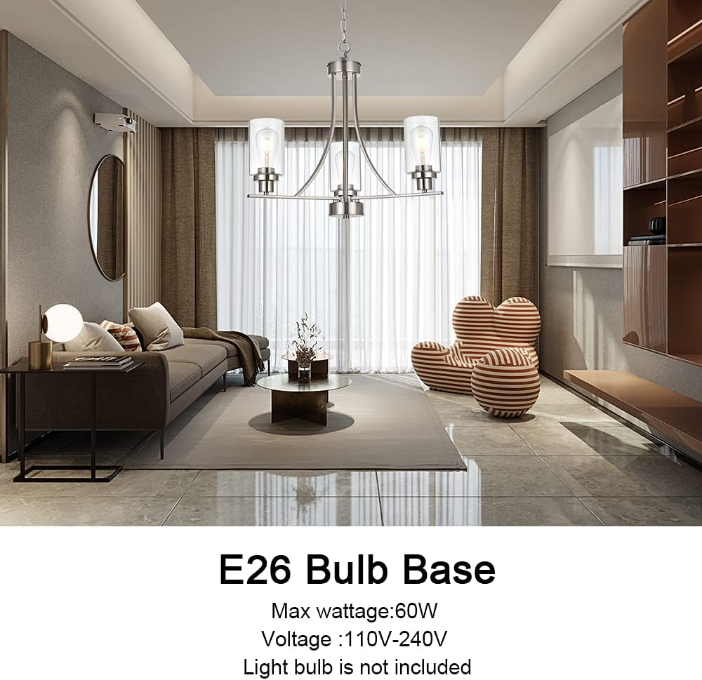 BONLICHT Contemporary Chandelier 3 Light Brushed Nickel Modern Lighting Fixtures Hanging Clear Glass Shades Pendant Light Classic Ceiling Lamp for Kitchen Dinging Room Living Room Bedroom Hallway