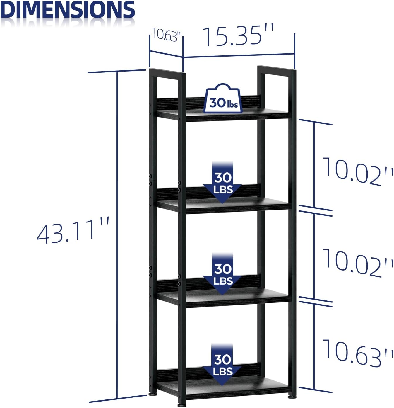 NUMENN Narrow Bookshelf, 4 Tier Bookshelves, Home Office Bookcase Shelf Storage Organizer, Free Standing Storage Shelving Unit for Bedroom, Living Room and Home Office, Black