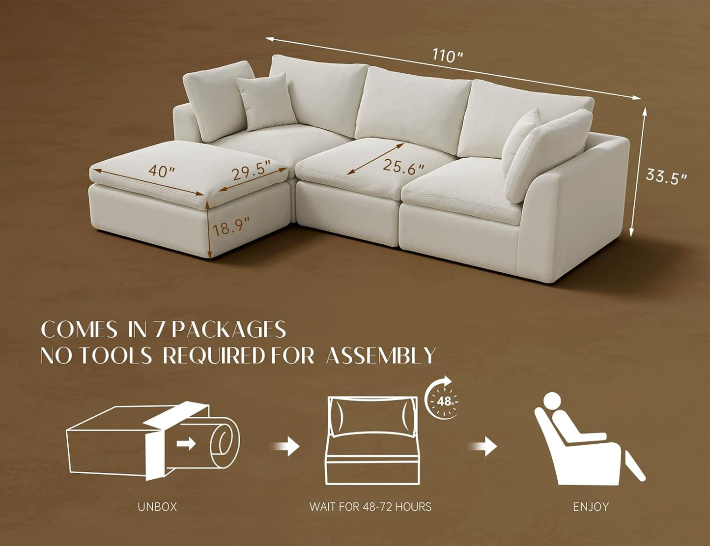 110" Cloud Sectional Couches for Living Room, Convertible L-Shape Couch with Ottoman, 3 Seater Modular Sectional Sofa, Warm White