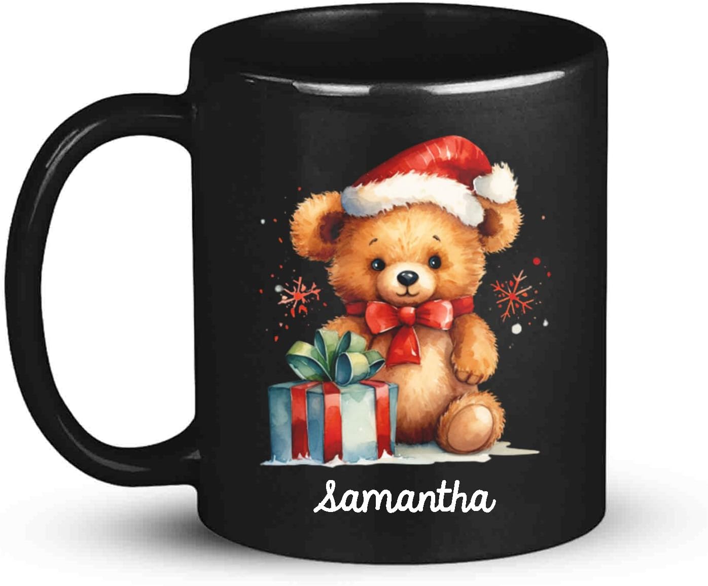 Custom Name Xmas Teddy Bear Cup, Personalized Christmas Teddy Bear Mug, Black Mug With Santa Hat Design - 11oz & 15oz, Gift For Men & Women
