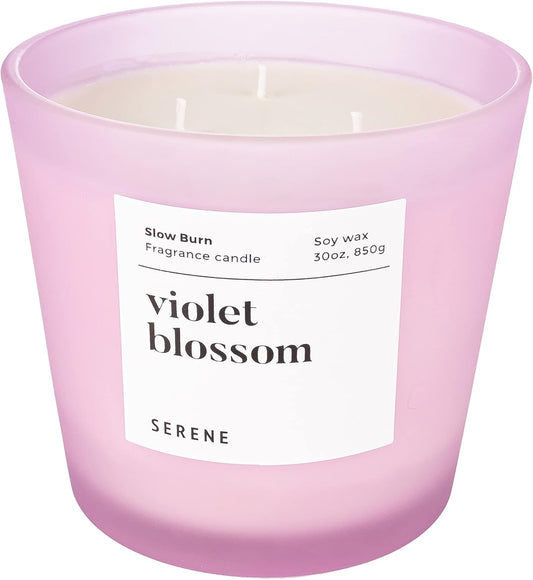 Hidden Label Large Scented Candle, Violet Blossom, 30oz 3 Wick Huge Candle, Serene Collection Slow Burn Natural Soy Candles for Home Scented