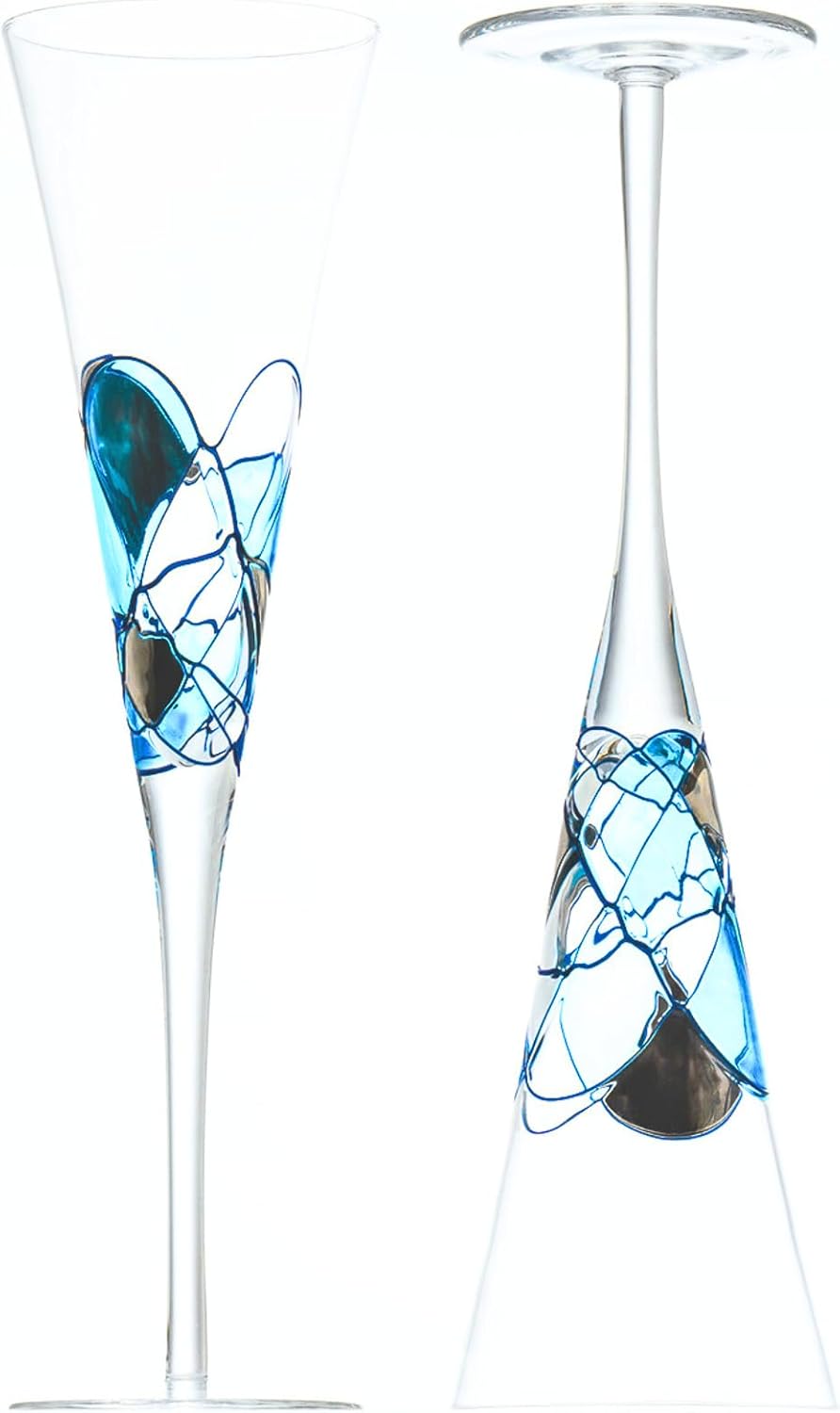 Victoria Barcelona Champagne Flute Set of 2 – 7.5 oz Mouth-Blown Turquoise Sea Glass | Hand-Painted, Gaudí & Murano Inspired | Artistic Unique Gift Ideas for Her or Him