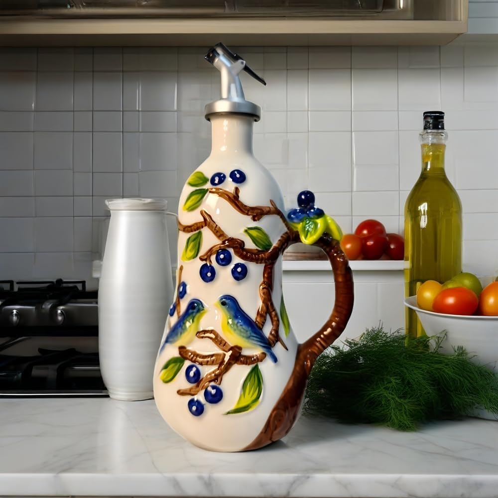 18.26oz/540ml Ceramics Olive Oil Dispenser Bottle,Hand Painted Reliefs Oil Dispenser for Kitchen,Oil Bottles for Kitchen (Blueberry)