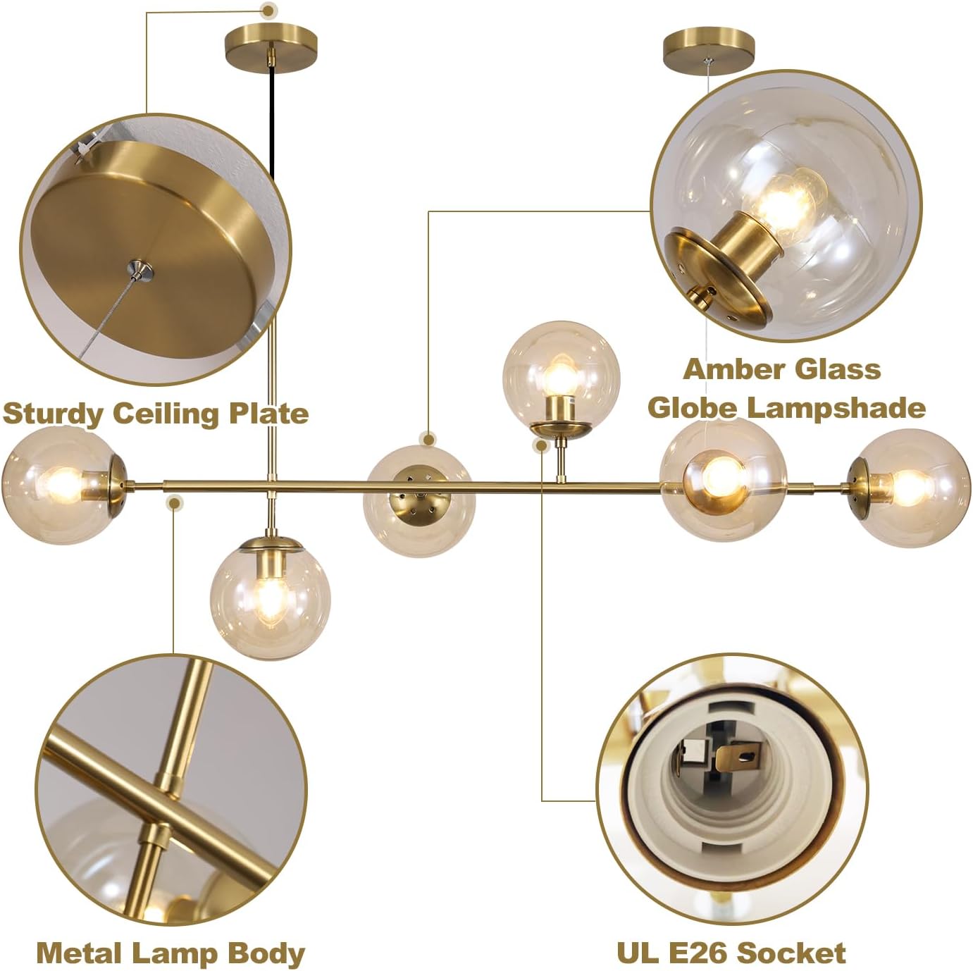 KCO Lighting Globe Linear Chandelier 6 Light Amber Glass Pendant Light Fixture Gold Kitchen Island Lighting Long Brass Sputnik Chandelier Dining Room Light Fixtures Over Table
