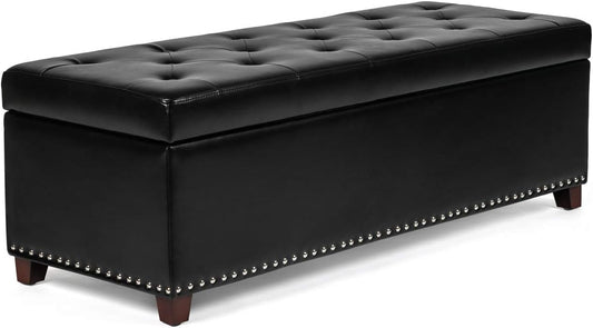 Joveco 47 Inch Storage Ottoman Bench,Tufted Leather Storage Bench with Nailhead Trim for Bedroom (47”,Black)