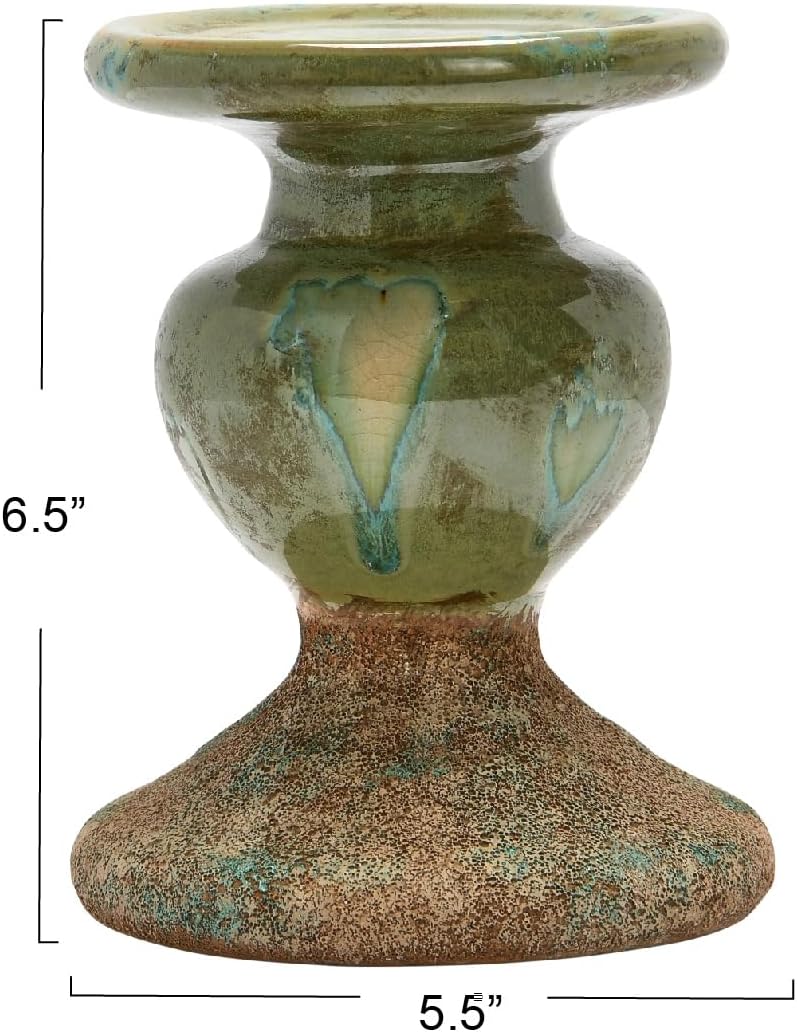 Creative Co-Op 2-Tone Sculptural Terracotta Pillar Candle Holder, Distressed Green