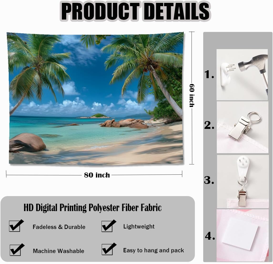 keowhsf Beach Summer Ocean Tapestry – Tropical Palm Trees Wall Hanging Decor with Blue Sky and Seaside Scenery, Nature Landscape Tapestry for Bedroom Living Room Dorm