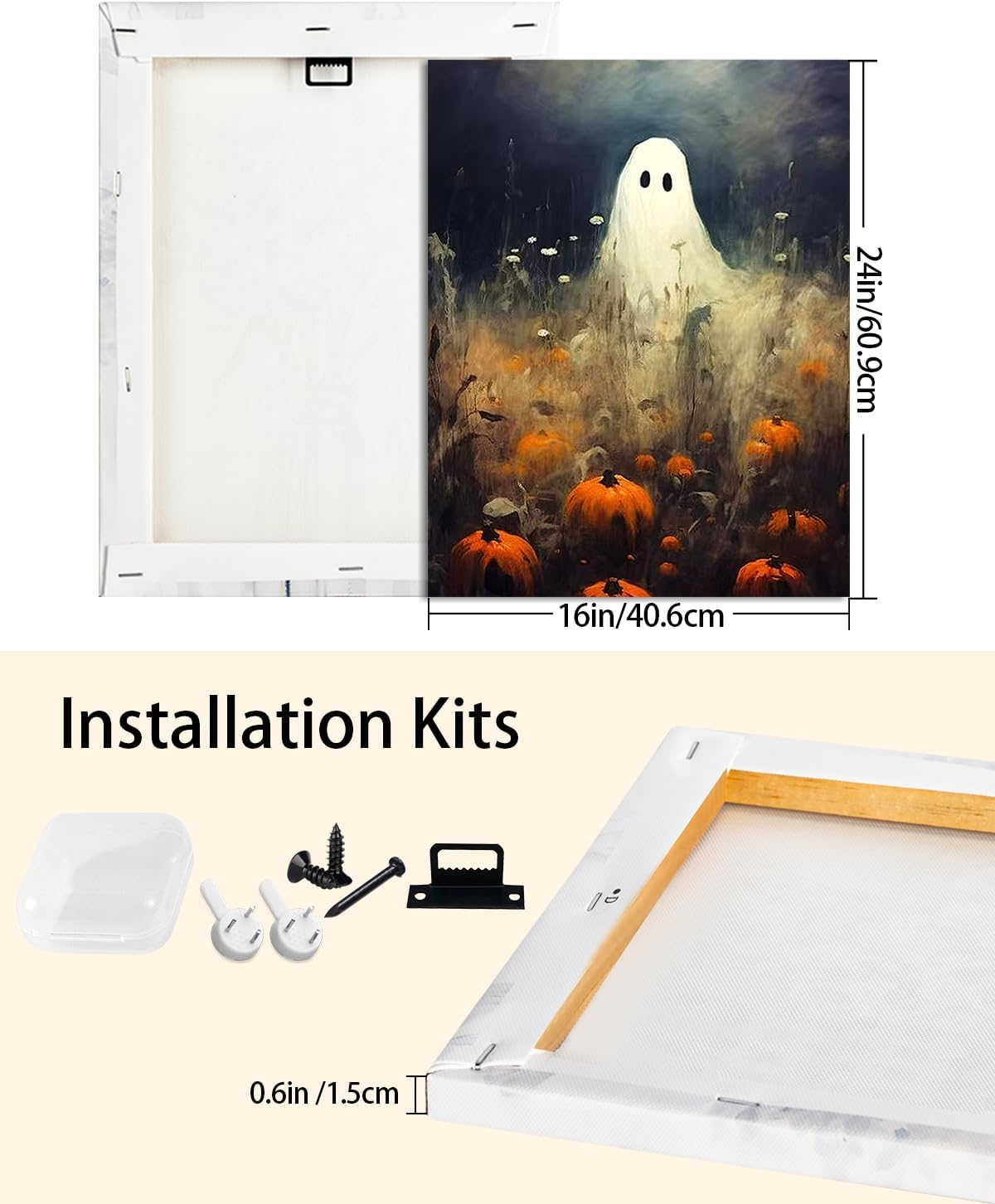 Halloween Canvas Wall Art, Spooky Ghost in Pumpkin Patch Poster, Vintage Gothic Fall Decor, Dark Academia Fall Decor for Living Room, Framed Indoor Halloween Decorations