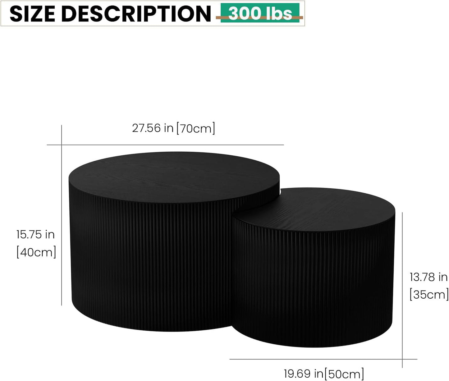 Round Nesting Coffee Table, Drum Wood Coffee Table Set of 2 Black, Modern Fluted Nesting Tables Circle Center Table 2 Piece for Small Spaces Living Room Bedroom Balcony Office, No Assembling