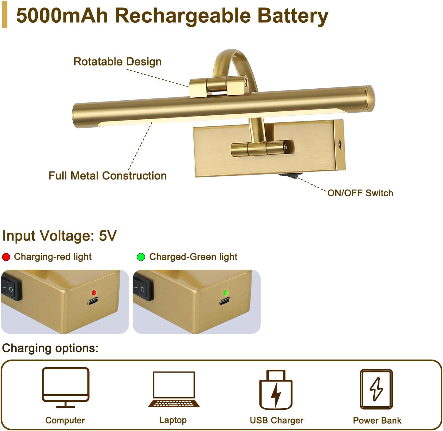 Wireless Picture Lights for Wall Rechargeable Brass Gallery Lights Battery Operated Art Lamps with Remote and Timer Dimmable Painting Lights for Artwork Portrait Display 12 Inch 2W 2700K