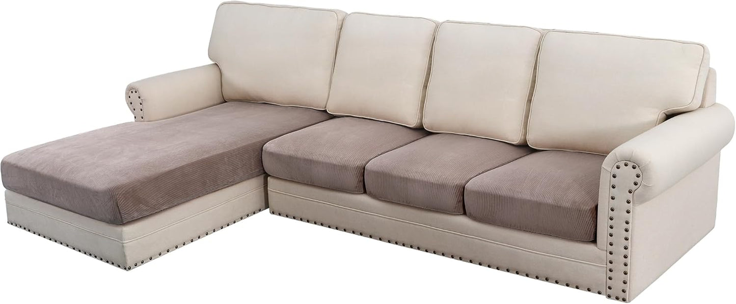 H.VERSAILTEX Velvet Stretch Sectional Couch Covers 4 Pieces Sofa Seat Cushion Covers L Shape Separate Cushion Couch Cover for Both Left/Right Couch (Large Sofa 3 Seater + 1 Chaise, Taupe Striped)