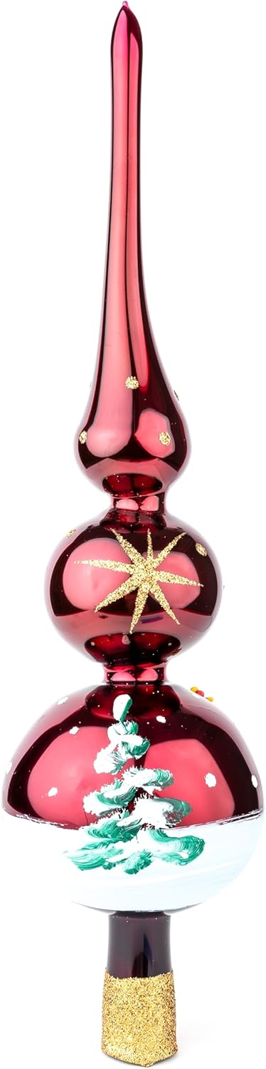 Christmas Tree Topper Spitz Glass Mouth Blown Hand-Decorated Embellishments (Burgundy, 15 inch)