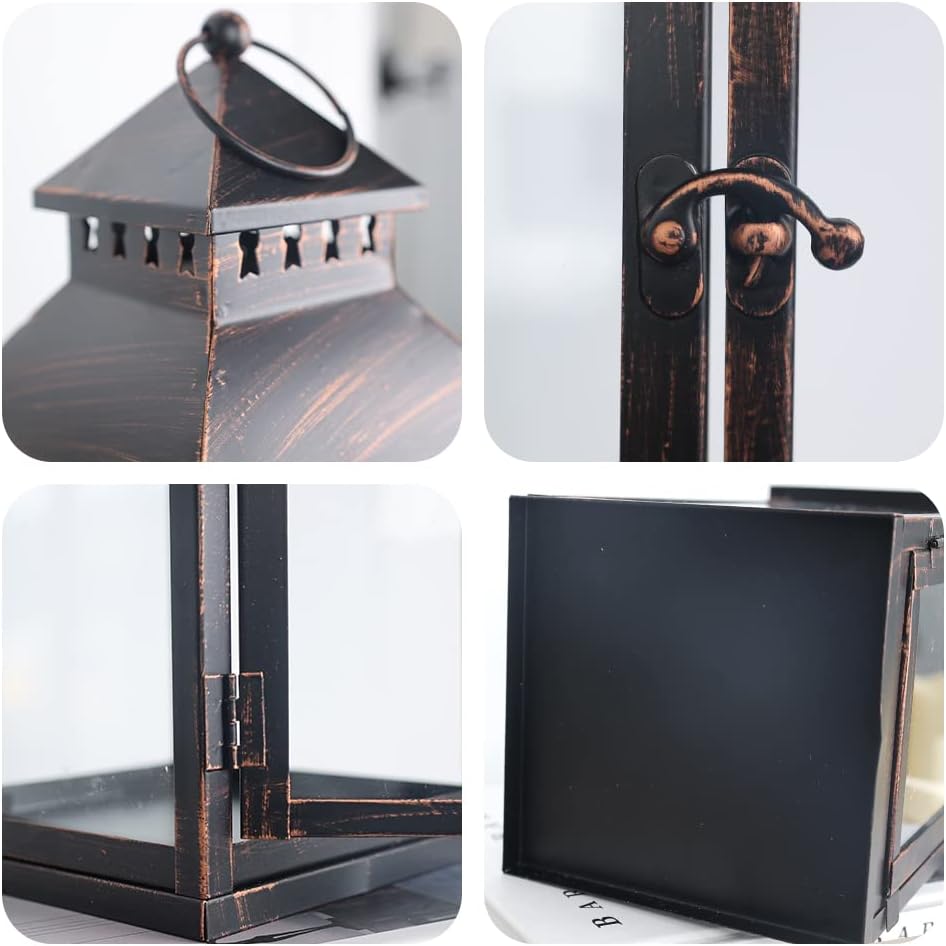 NEEDOMO Bronze Metal Lanterns Decorative Outdoor & Indoor, Set of 4 (17" & 10") with Glass, Candle Holder for Porch, Patio, Garden, Balcony, Wedding, Table Centerpiece Decorations