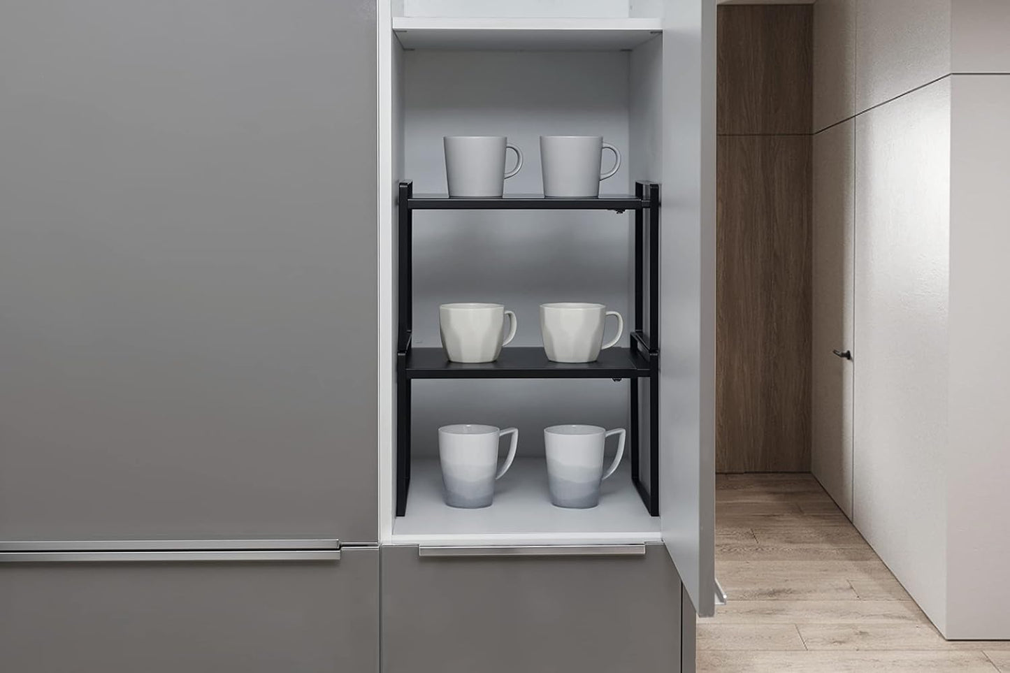 Nxconsu Expandable Cabinet Shelf Organizer Riser for Kitchen Pantry Cupboard Under Sink Countertop Home Storage Organization Rack Space Saver Freestanding Heavy Duty Nonslip Stackable Black