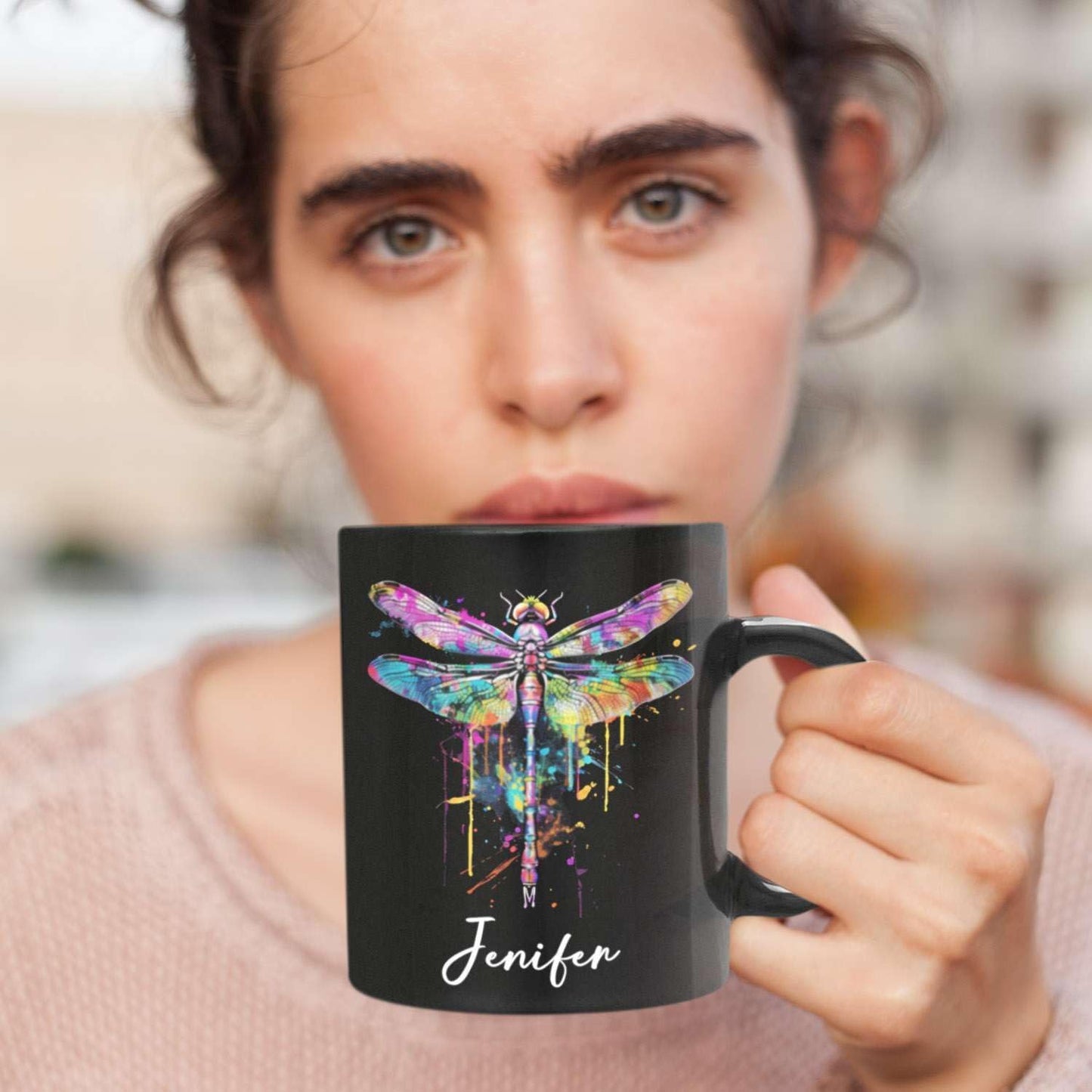 Colorful Dragonfly Ceramic Cup - Personalized Name Coffee Mug for Birthday, Gift for Son Daughter, Customized Black Animal Mug, Dragonfly Lover Cup 11oz 15oz
