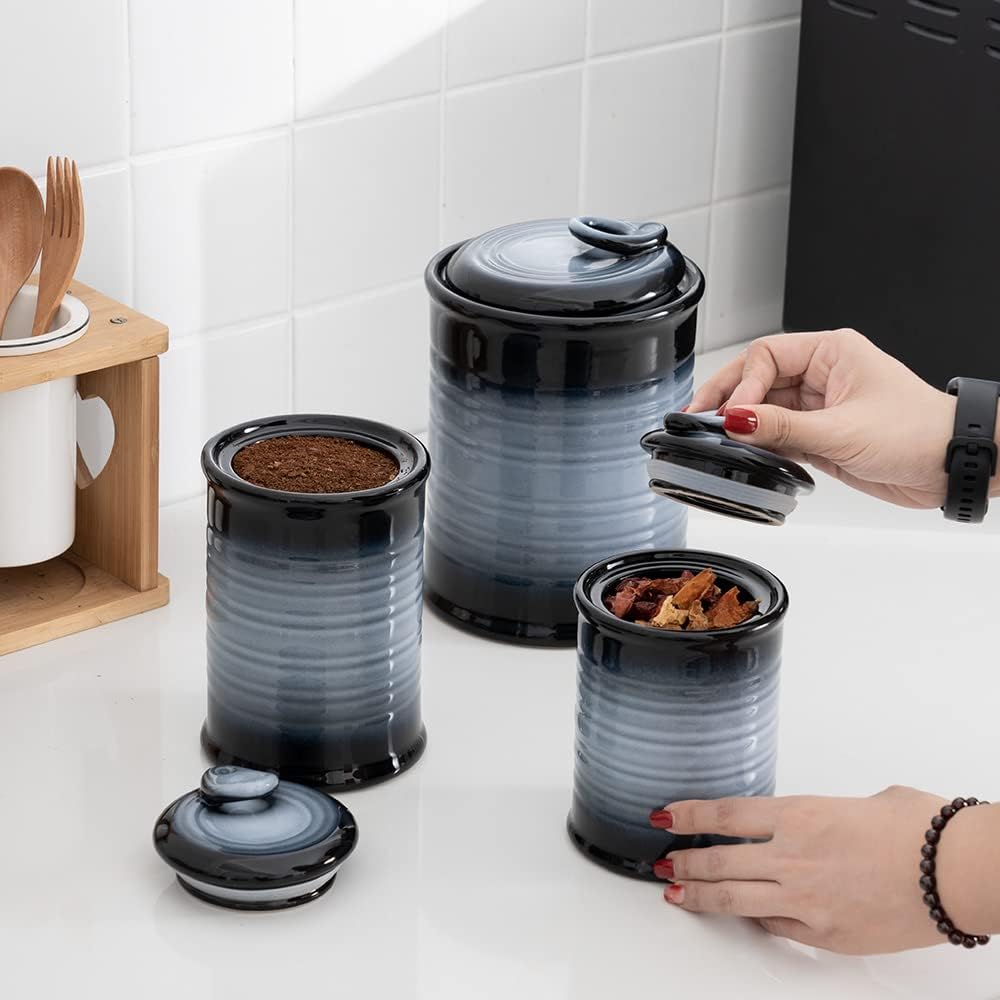Nihow Ceramic Food Storage Jar Sets: Container with Air Tight Ceramic Lid for Flour/Sugar/Rice/Coffee/Cookies/Candy - Seal Damp-proof Canister for The Kitchen - Set of 3 （Gray）