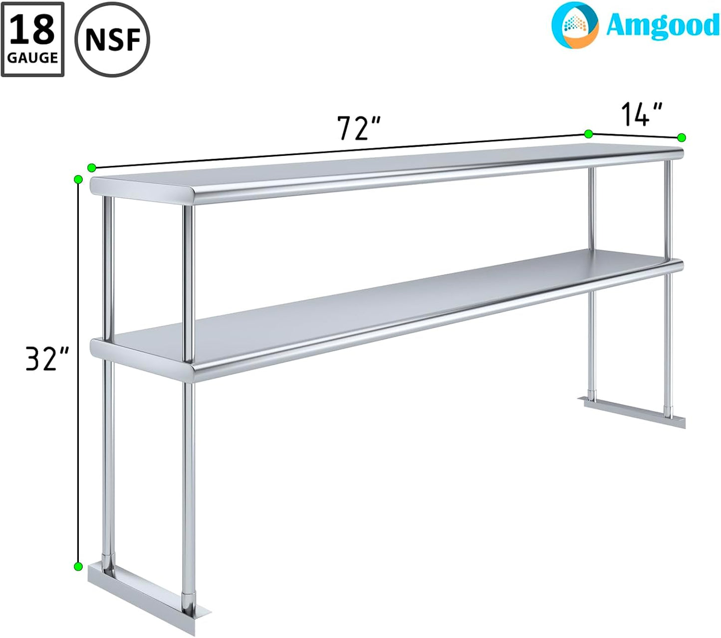 AmGood Double OverShelf Stainless Steel NSF - Many (72" Long x 14" Deep)