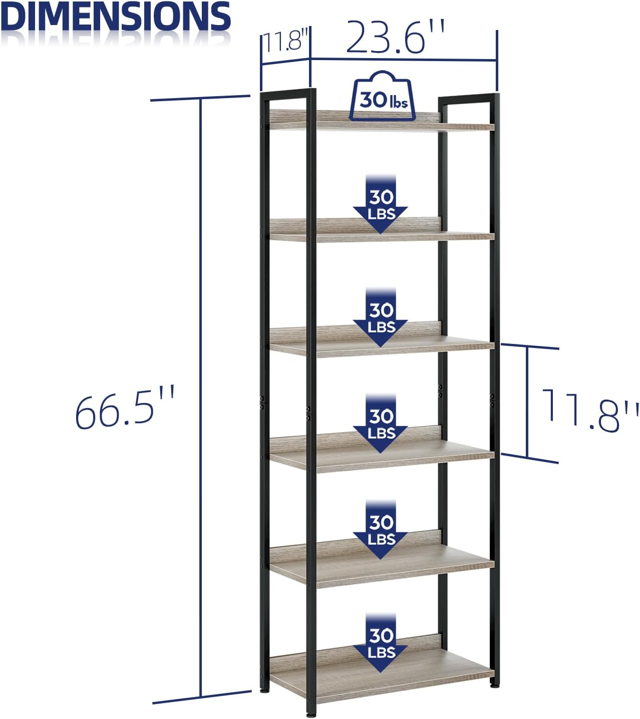 NUMENN Bookshelf, 6 Tier Bookshelves, Home Office Bookcase Shelf Storage Organizer, Free Standing Storage Shelving Unit for Bedroom, Living Room and Home Office, Grey