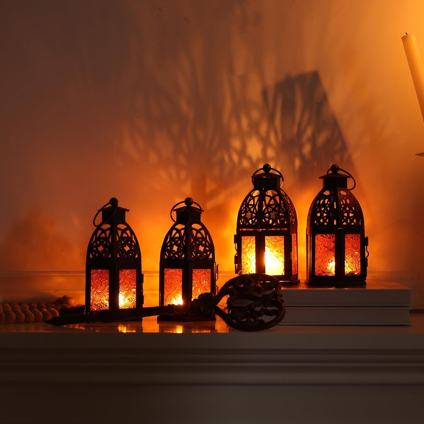 NEEDOMO Set of 4 Moroccan Candle Lantern, 9" Ramadan Lanterns Decorative Indoor Outdoor, Vintage Candle Holder for Chritsmas, Halloween, Table, Patio, Porch, Shelf, Ramadan Decorations (Amber)