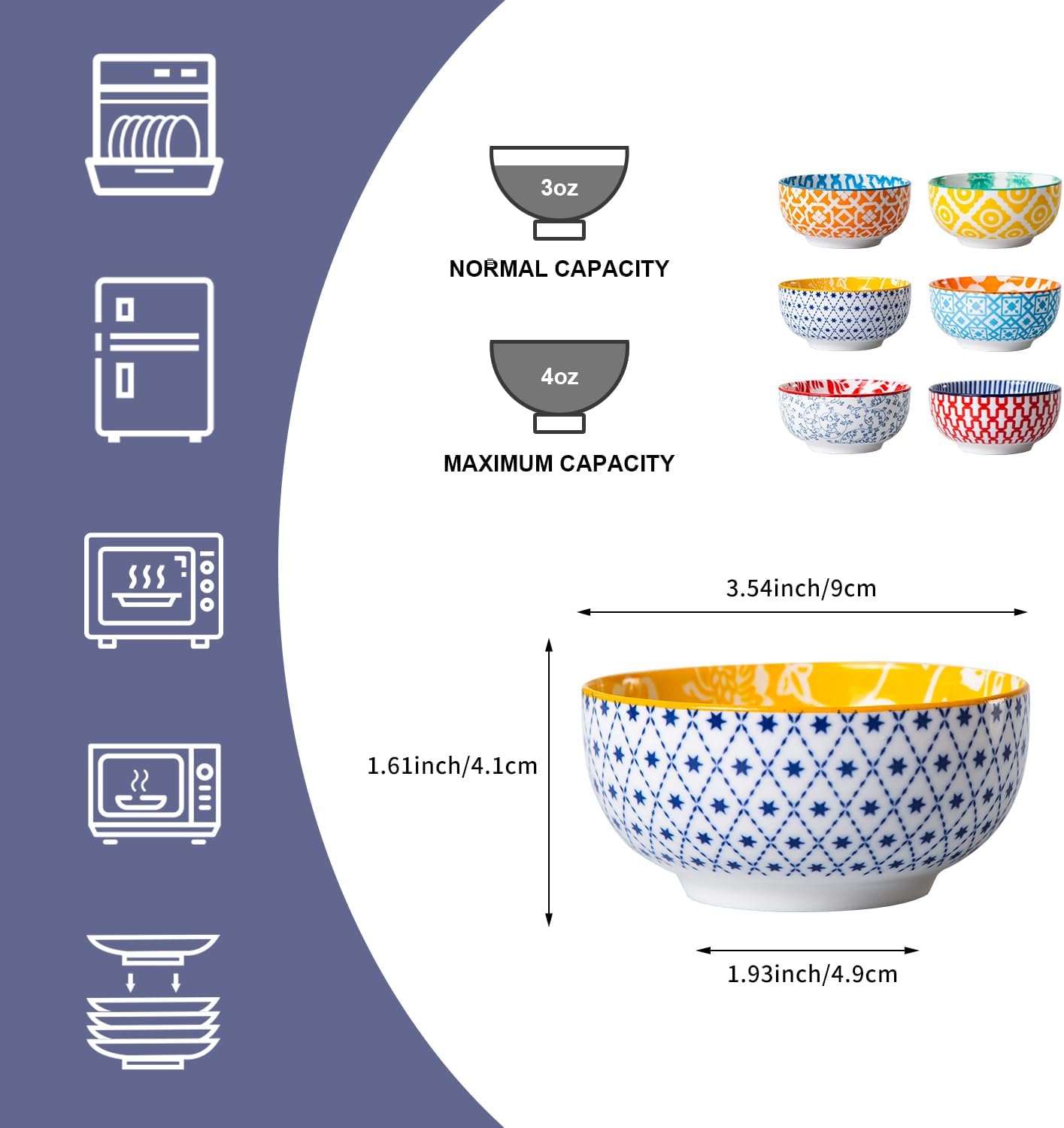 Ceramic Dipping Bowls Set - 4 Oz Small Dessert Bowl 3.5 Inch Porcelain Small Bowls for Side Dishes, Snack, Yogurt, Appetizer - Microwave Dishwasher Safe - Set of 6 - Assorted Colors