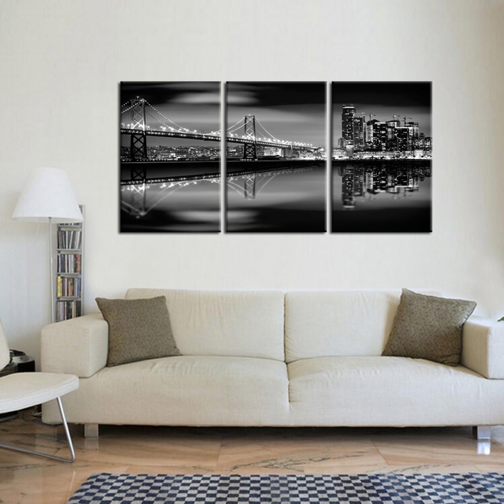 KREATIVE ARTS - San Francisco Bay at Night in Black and White Bridge 3 Panels Modern Landscape Artwork Canvas Prints Cityscape Pictures Paintings on Canvas Wall Art for Home Decor (16x24inchx3pcs)