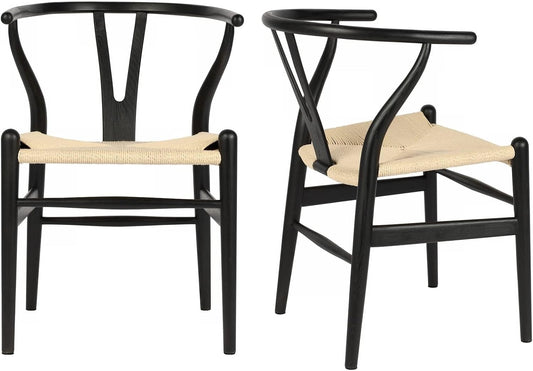 Tomile Solid Wood Wishbone Chair Y Chair Mid-Century Armrest Dining Chair, Hemp Seat (Ash Wood - Black with Natural seat.)