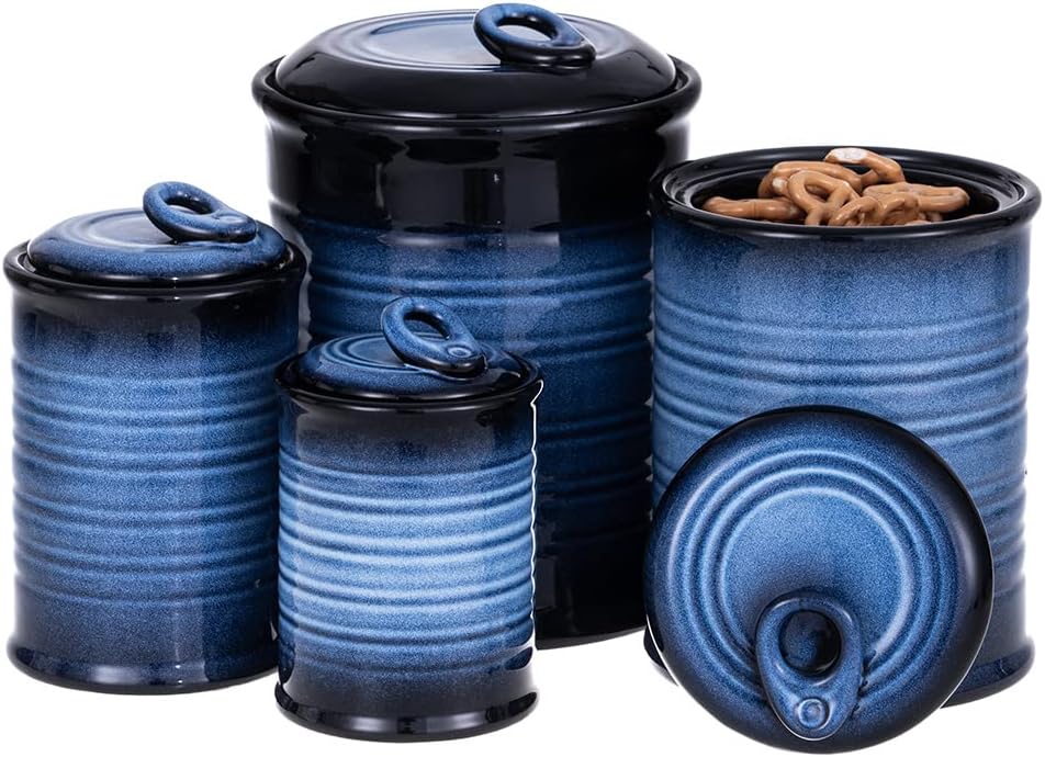 Nihow Food Storage Jar Sets: Ceramic Container with Air Tight Lid for Flour/Sugar/Rice/Coffee/Cookies/Candy - Seal Damp-proof Canister for The Kitchen Counter - Set of 4 （Blue & Black）