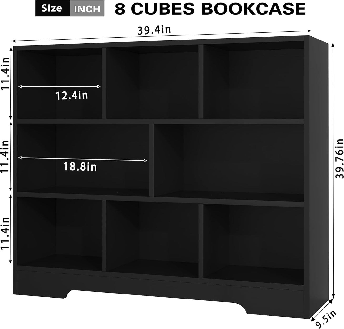 Book Shelf Set of 2, 8 Cubes Storage Organizer, Freestanding Balck Bookshelf Cube Shelf for Bedroom, Living Room, Home Office, 3-Tier Open Bookshelf Wooden Bookcase