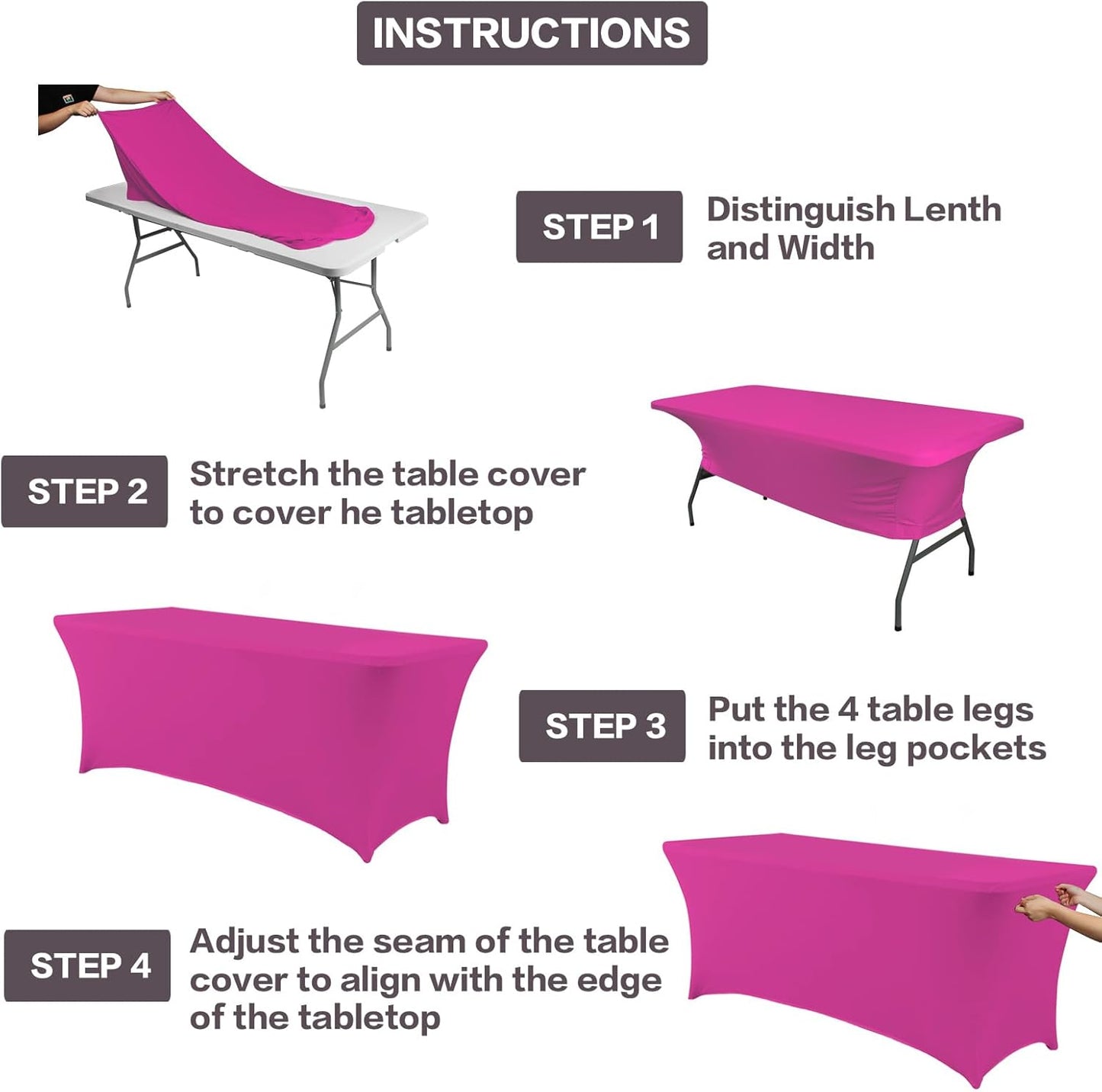 IVAPUPU 2 Pack 8FT Table Cloth for Rectangular Fitted Events Stretch Fuchsia Table Covers Washable Cover Spandex Tablecloth Protector for Party, Wedding, Cocktail, Banquet, Festival