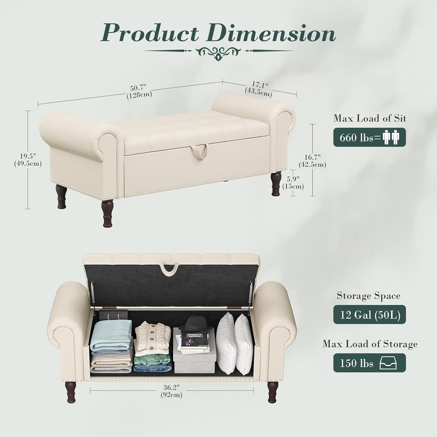 Apicizon 51”Storage Ottoman Bench, Soft Faux Leather Indoor Bench with Rolled Arm and Vintage Rivets, Large Storage Chest for Bedroom, Living Room, Entryway，Beige+Brown Legs