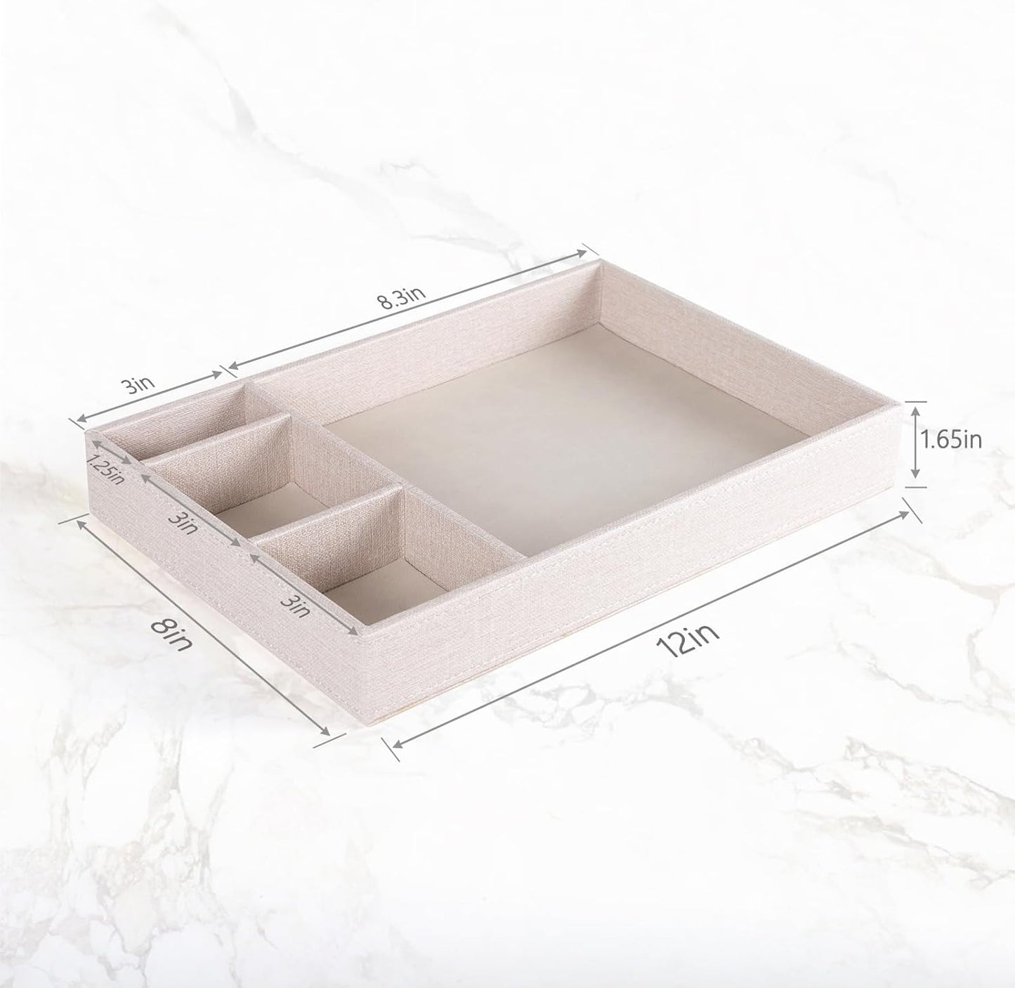 Desktop Storage Organizer, Nightstand or Dresser Organizer, Valet Tray, Entry Table Organizer, 4 Compartments,PU Leather Drawer Storage Organizer Decorative Trays. (Pearl White—2)