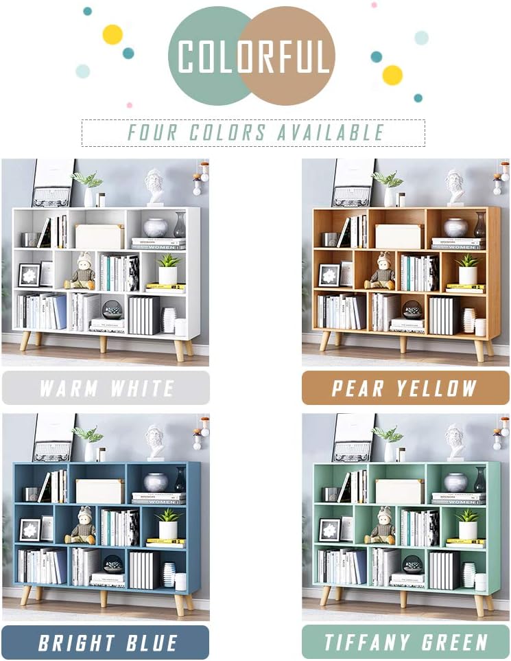 IOTXY Wooden Open Shelf Bookcase - 3-Tier Floor Standing Display Cabinet Rack with Legs, 10 Cubes Bookshelf, Bright Blue