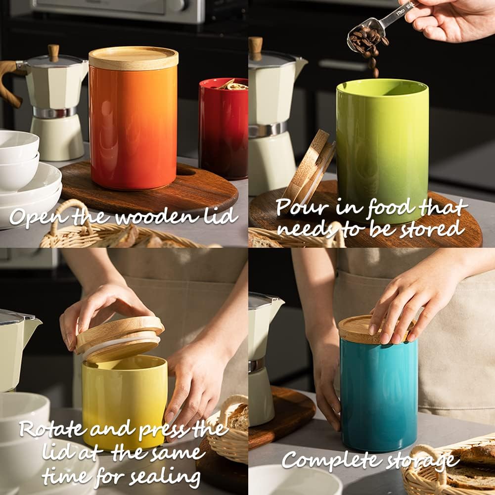 Sweejar Ceramic Food Storage Jar, Stackable Kitchen Canisters, Containers with Airtight Seal Wooden Lid for Serving Ground Coffee, Tea, Sugar, Salt and More - 28 Fl Oz (Gradient Red)