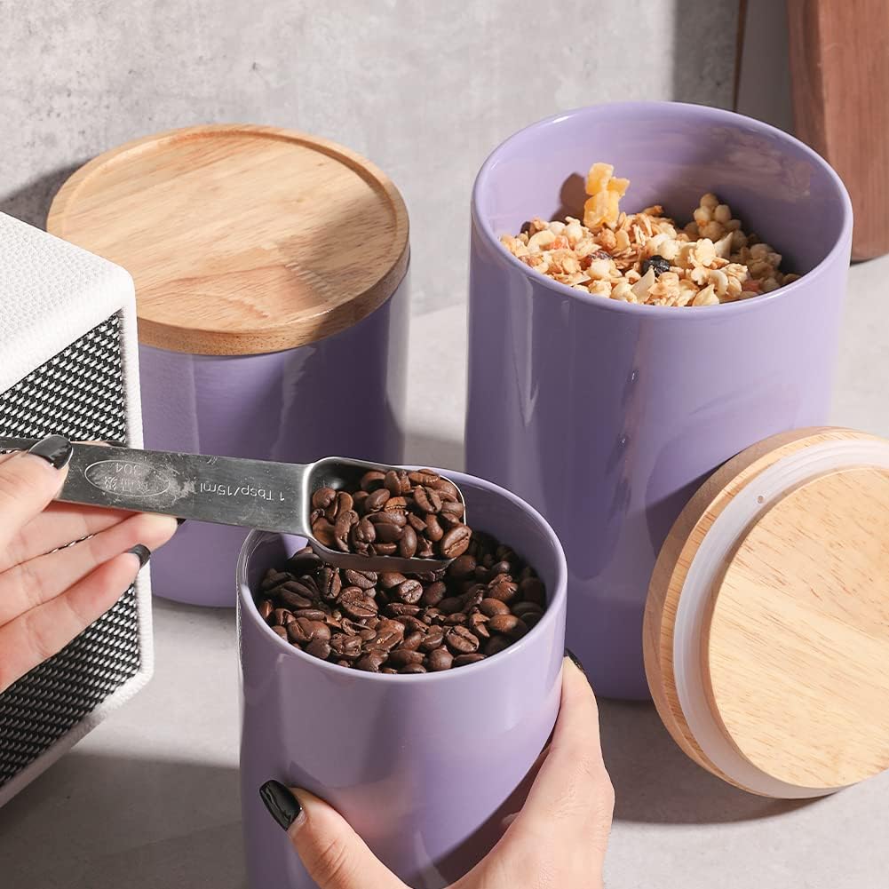 Sweejar Ceramic Food Storage Jar, Stackable Kitchen Canisters, Containers with Airtight Seal Wooden Lid for Serving Coffee Grounds, Coffee Bean, Flour, Tea, Spice and More - 39 Fl Oz (Purple)