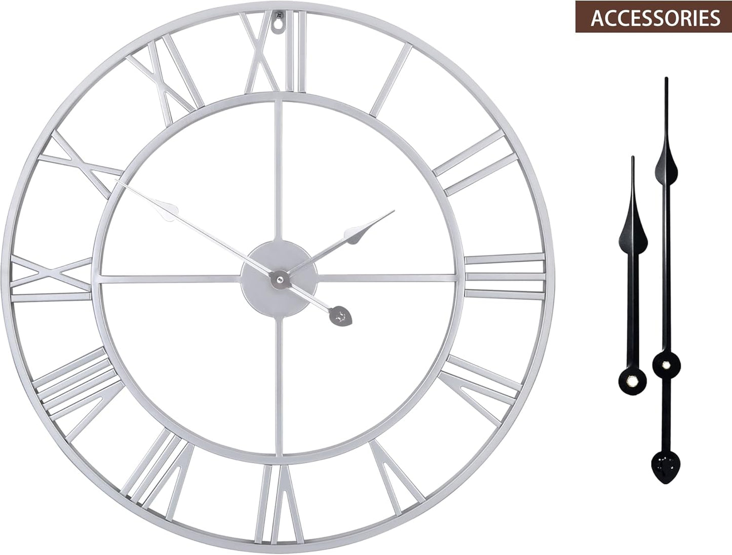 LEIKE 24" Modern Large Wall Clocks,Vintage, Round,Silent Non Ticking,Battery Operated,Silver Metal Roman Numerals Clock for Living Room/Bedroom/Kitchen Decor