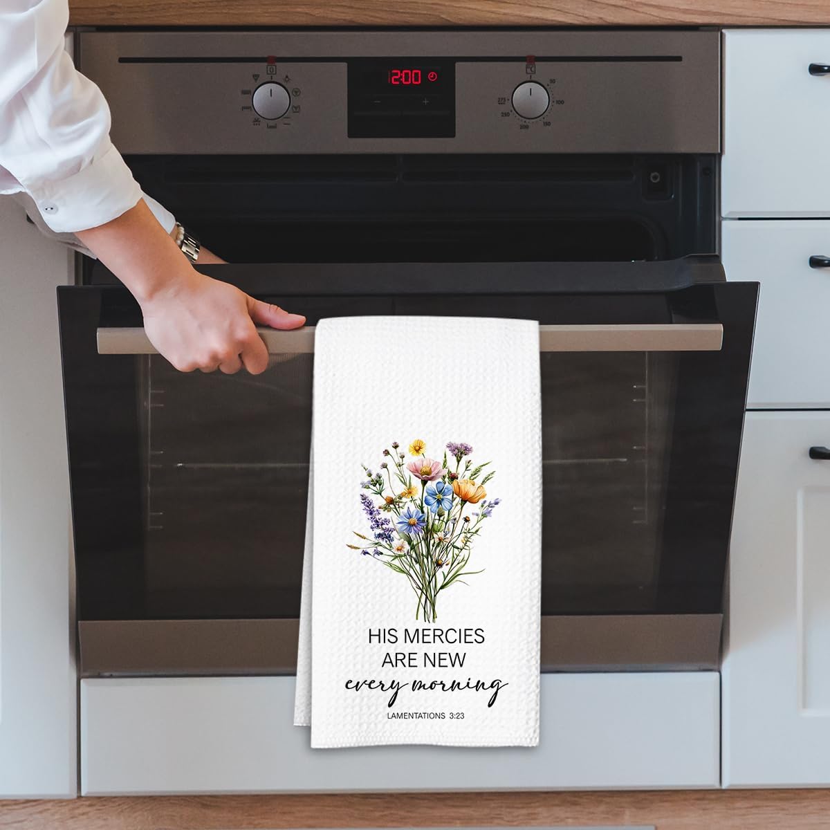 Christian Kitchen Towel, Waffle Weave Microfiber Scripture Hand Towel, His Mercies are New Every Morning Bible Verse Farmhouse Decor for Kitchen Bathroom, Inspirational Gift for Women