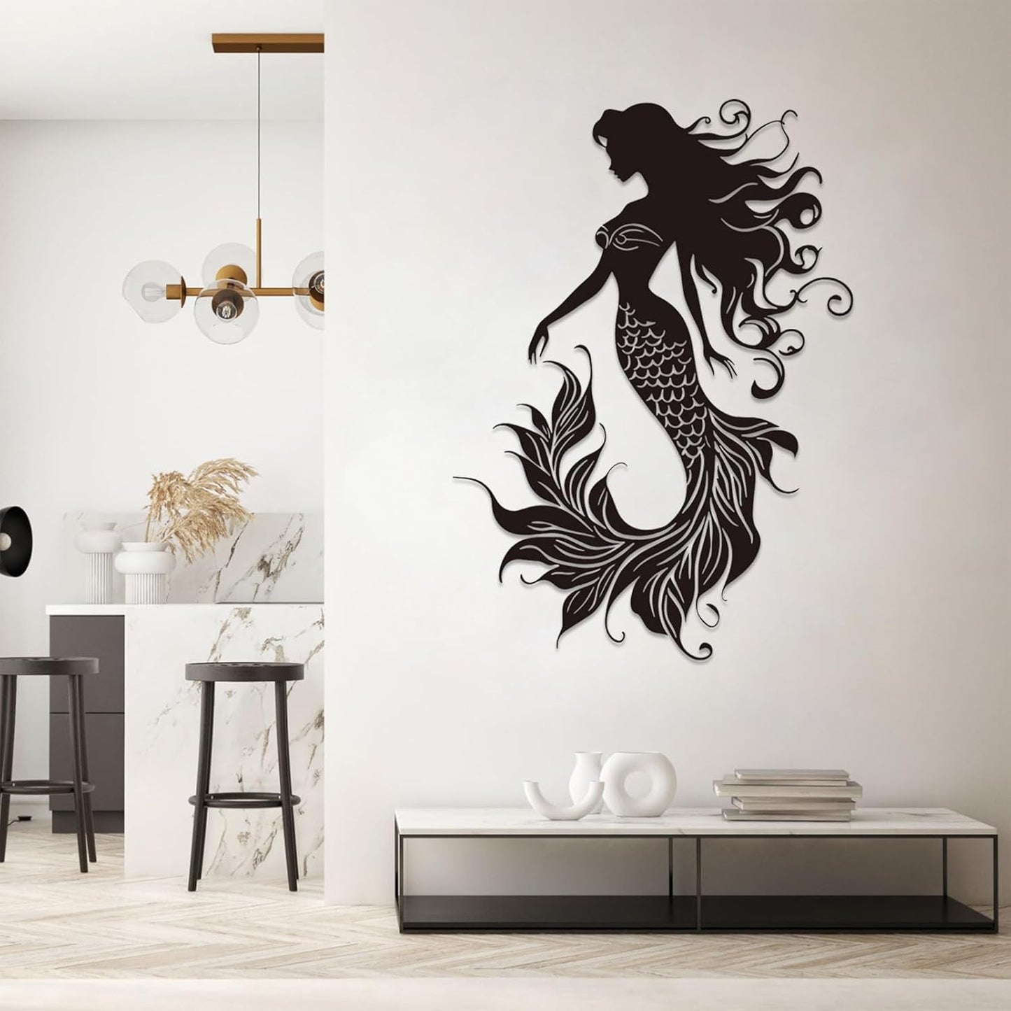 Veplsur Mermaid Metal Wall Art, Metal Mermaid Wall Decor, Marine Biology Wall Decor, Ocean Wall Art, Nautical Wall Hanging, Beach Hanging for Bathroom Bedroom (White, 48"x34"|121x86cm)