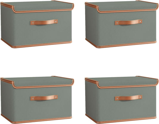 Tuza 4 Pack Storage Bins with Lids, Collapsible Closet Organizer Container, Fabric Organizer Box with Handles, Decorative Storage Boxes with Lids for Organizing Clothes, Blanket, Grey, Large