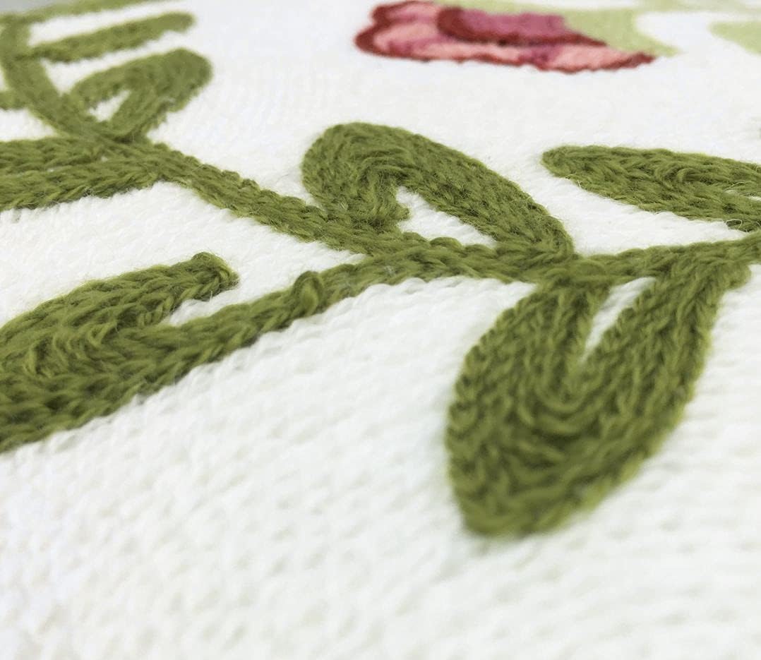 Alysheer Floral Embroidered Summer Decorative Throw Pillow Covers 18"x 18" Set of 2, Farmhouse Cottage Pink Flowers Green Leaves Knit Pattern Cotton Canvas Cushion Case for Sofa Couch Bed Living Room